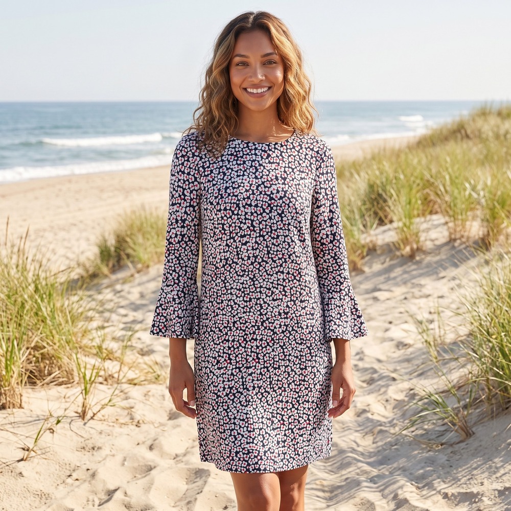 Tommy Hilfiger Bell Sleeve Floral Dress Womens 4 Navy Shift Mod Classic